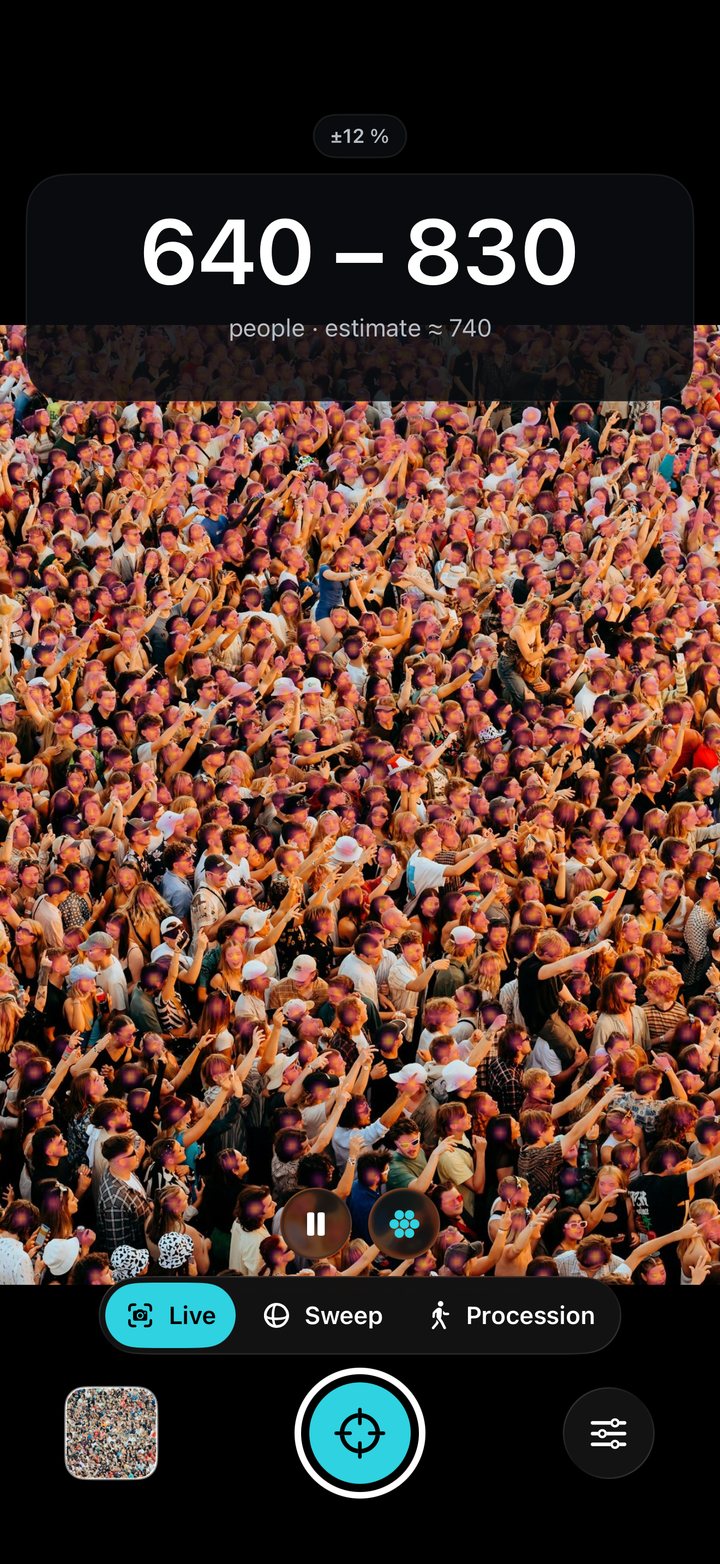 CrowdScope screen: range 640 – 830 people over a dense crowd