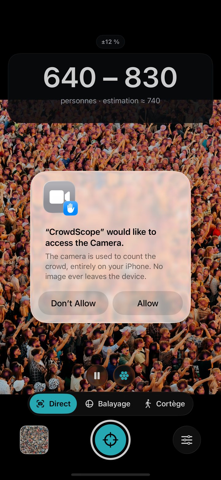 Écran de CrowdScope : fourchette 640 – 830 personnes au-dessus d'une foule dense