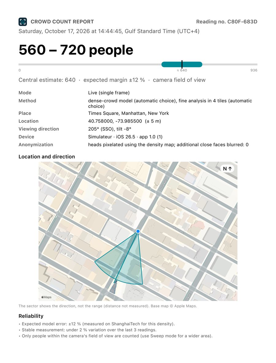 First page of a PDF report: range, map with viewing sector, reliability