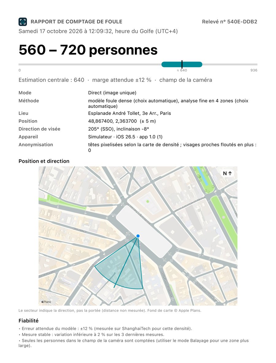 Première page d'un rapport PDF : fourchette, plan avec secteur de visée, fiabilité